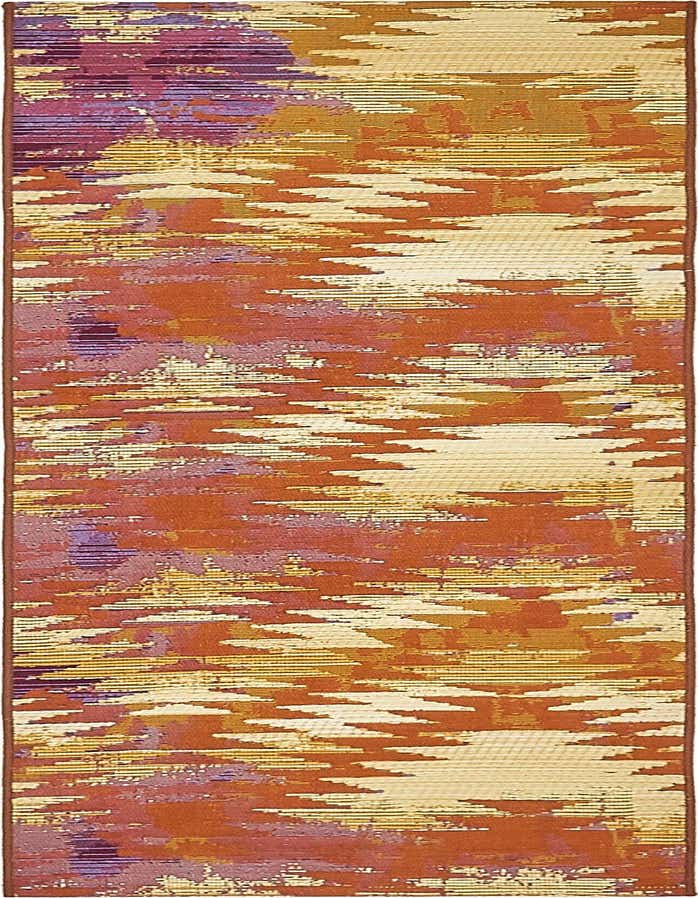 A 6 ft runner rug featuring an abstract, eclectic pattern in shades of red, orange, purple, and cream, ideal for hallways or patios.