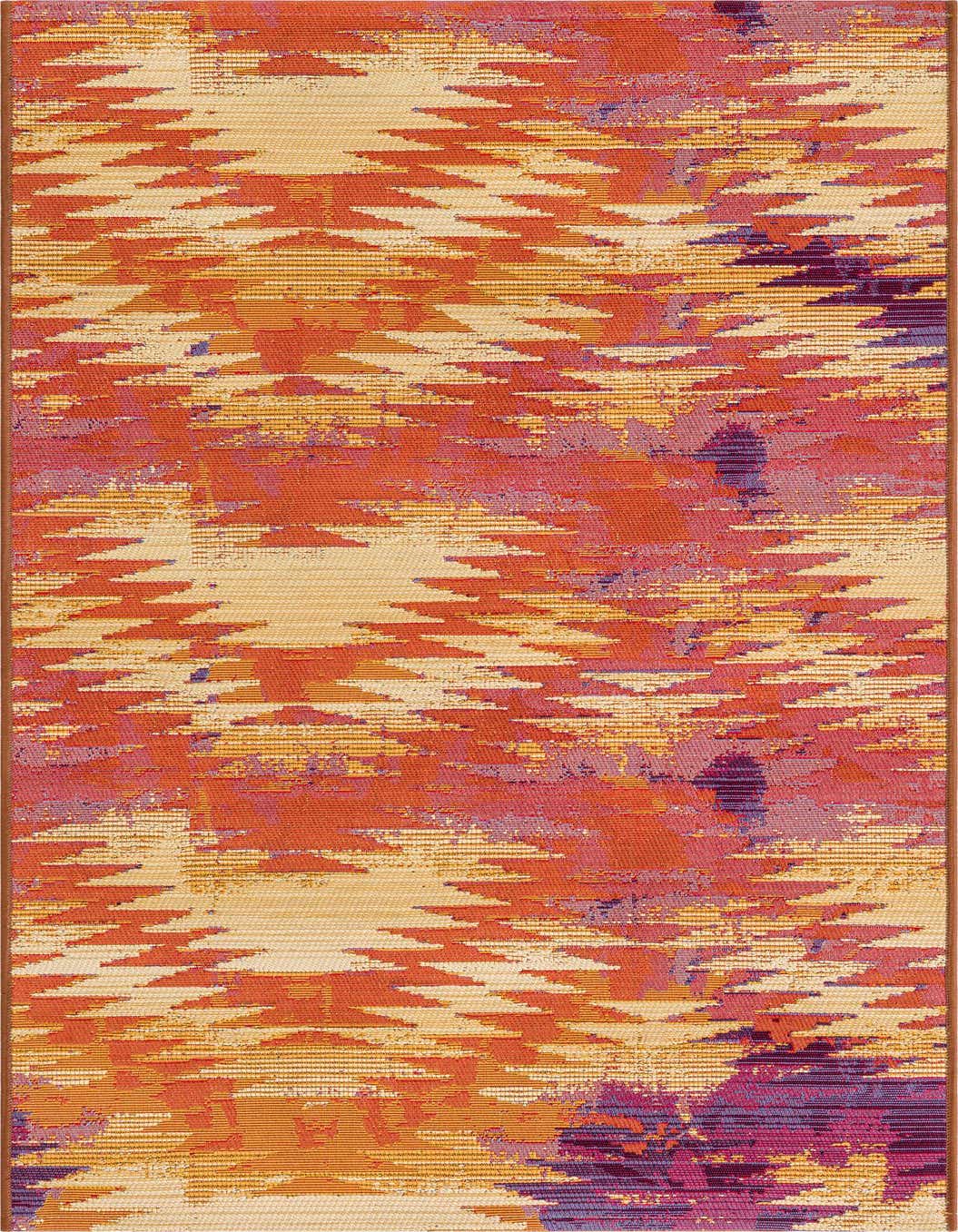 A 5 ft runner rug featuring a vibrant Southwestern abstract pattern in shades of red, orange, yellow, and purple.