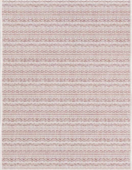 A red and white 8 ft runner rug featuring a modern tribal pattern with geometric stripes and diamond motifs.