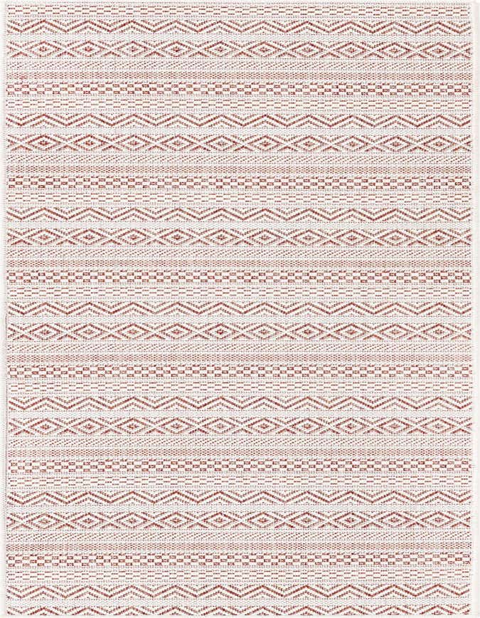 A 6 ft runner rug featuring a modern tribal pattern in various shades of red and white, ideal for a hallway or patio.