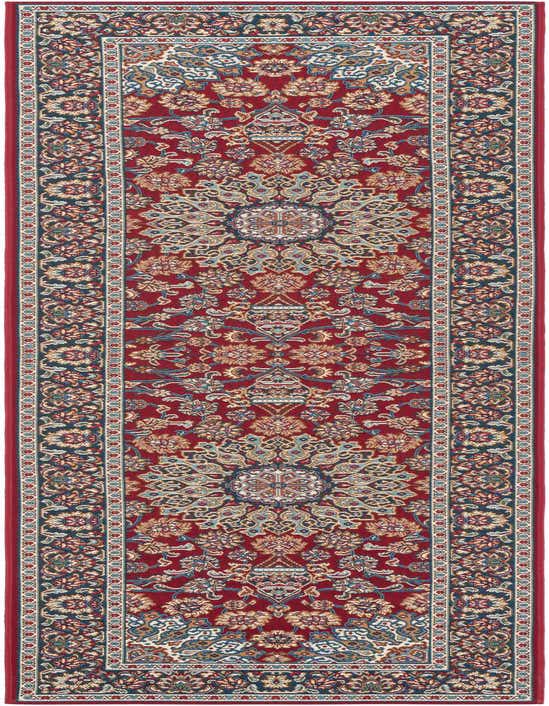 A 10 ft runner rug in a traditional Oriental medallion pattern with deep reds, blues, and creams, suitable for a hallway or patio.