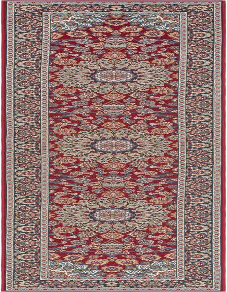 A long 12 ft red runner rug with a traditional Oriental medallion pattern and intricate floral borders, suitable for a hallway or patio.