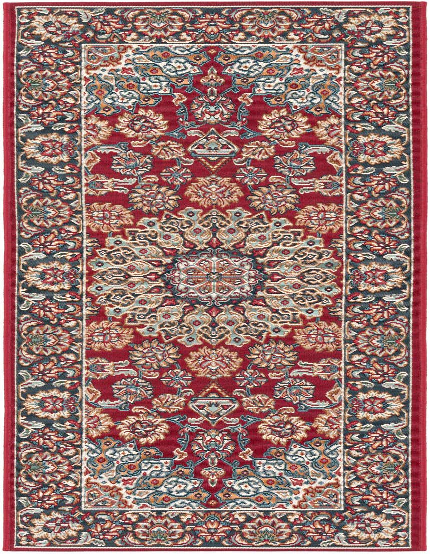 A 5 ft runner rug in a rich red with a detailed traditional Oriental medallion pattern and a contrasting border, suitable for hallways or patios.