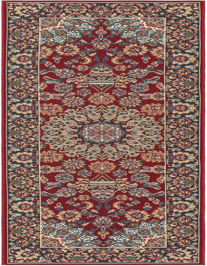 A 6 ft red runner rug with a traditional Oriental medallion pattern and intricate floral border, suitable for hallways or patios.