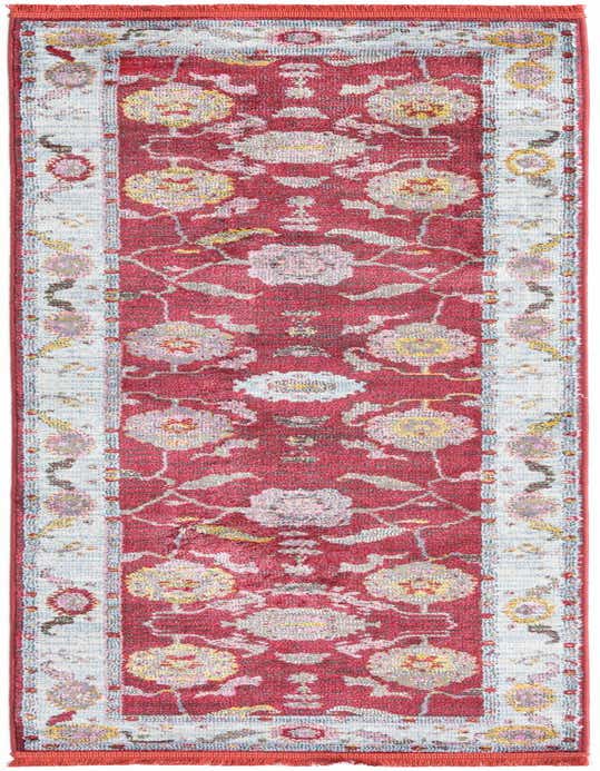 A red 8 ft runner rug with a vintage medallion pattern and light blue border, ideal for a hallway or kitchen.