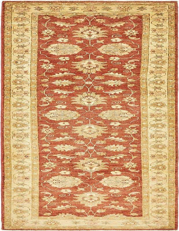 A 10 ft red runner rug with a traditional floral pattern and a wide cream border, perfect for a hallway.