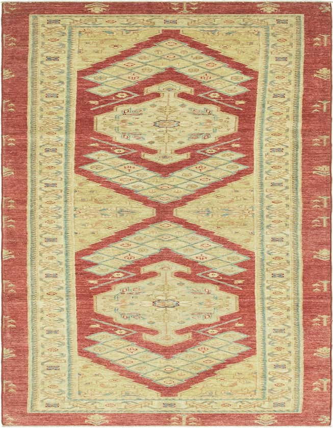 A 10 ft runner rug in traditional tribal style, featuring a red border and a cream field with a central medallion and geometric patterns.