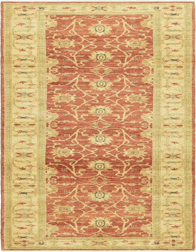 A 9 ft red runner rug with an intricate botanical and tribal pattern in cream and subtle green, perfect for a hallway.