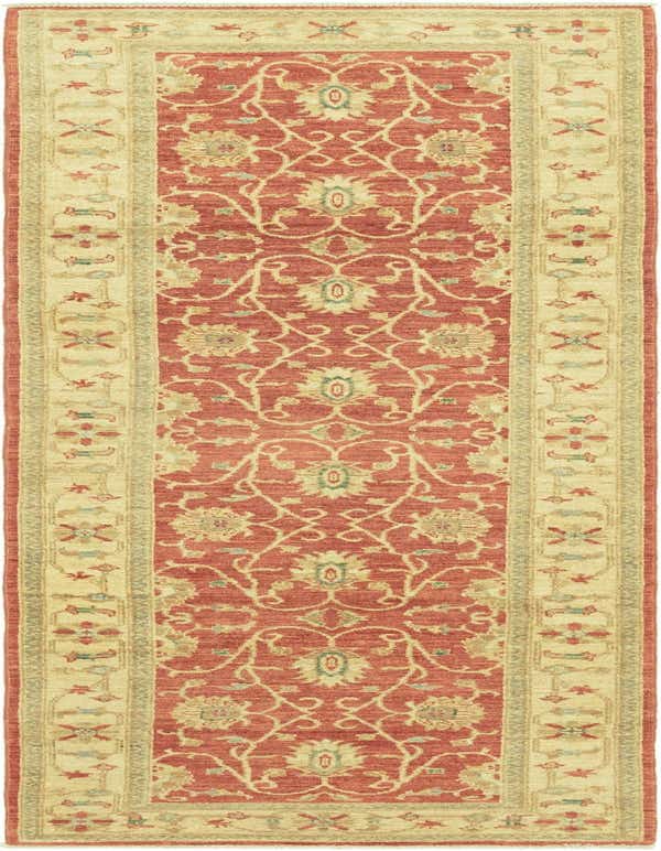 A 9 ft red runner rug with a traditional botanical and tribal pattern, featuring an ivory border.