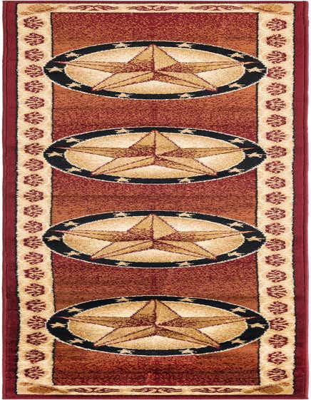 A 10 ft red runner rug with a rustic medallion pattern featuring large tan and gold stars encircled by black and small stars.