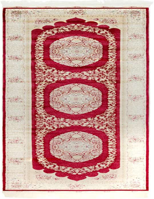 A 10 ft red runner rug with a traditional medallion and botanical pattern, featuring a cream border and fringe.