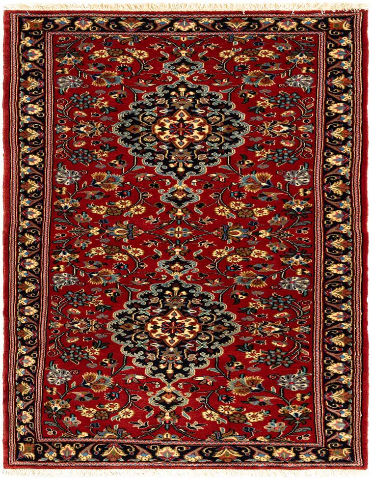 A 7 ft runner rug with a rich red background and intricate black, gold, and blue Persian floral patterns.