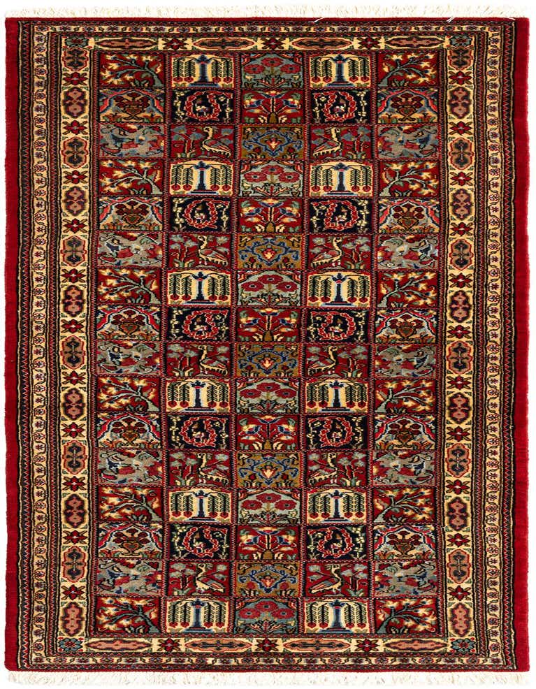 A 6 ft red Persian runner rug with an intricate grid pattern of floral and bird motifs in blue, gold, and green.