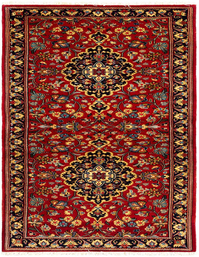 A 6 ft red Persian runner rug with intricate floral and medallion patterns in navy, gold, and light blue.