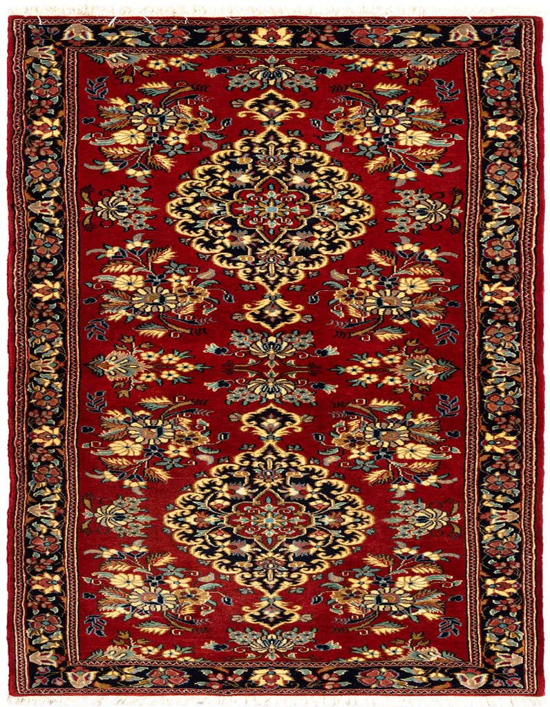 A 6 Ft Qom runner rug in rich red with intricate Persian floral and medallion patterns in gold, black, and blue.