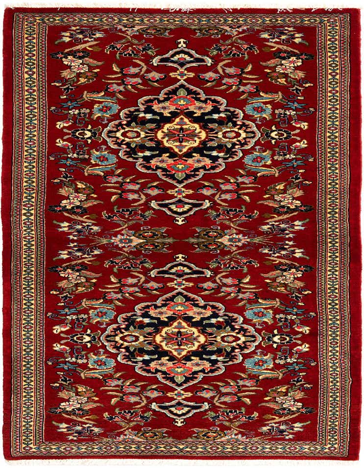 A 6 ft red Persian runner rug with intricate floral and medallion patterns in blue, gold, and black.