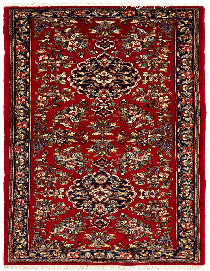 A 6 ft runner rug in traditional Persian style, featuring a rich red field with intricate floral and medallion patterns in navy, gold, and green.
