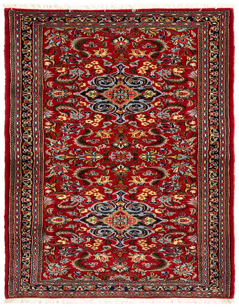 A 6 ft red Persian runner rug with intricate floral and medallion patterns in blue, gold, and green, suitable for a hallway.