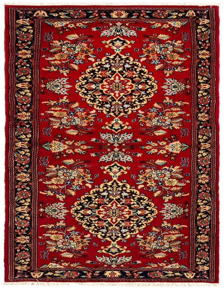 A 7 ft runner rug in a traditional Persian style, featuring a rich red background with intricate black, gold, and blue floral patterns and a detailed border.
