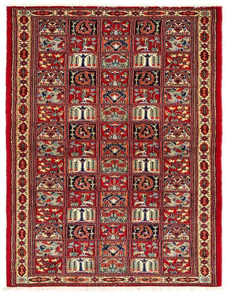 A handmade 7 ft runner rug in shades of red, featuring a traditional grid pattern with intricate floral and animal motifs, ideal for a hallway.