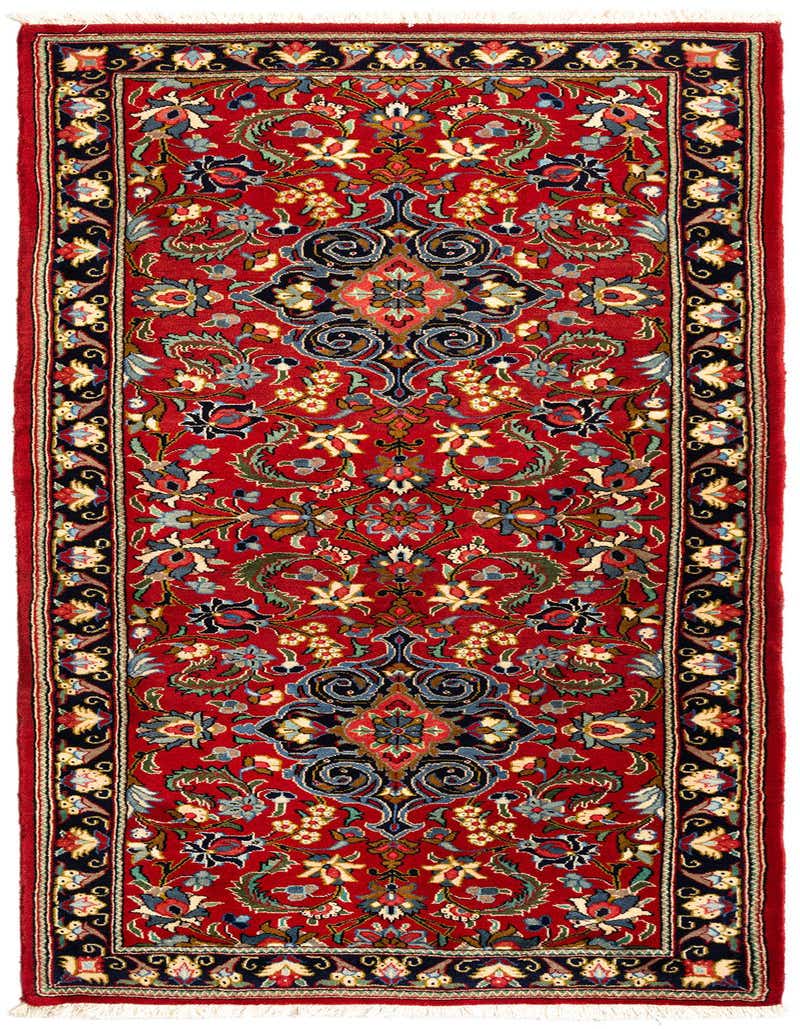 A vibrant 6 ft red Persian runner rug with intricate floral and medallion patterns in blue, gold, and green.