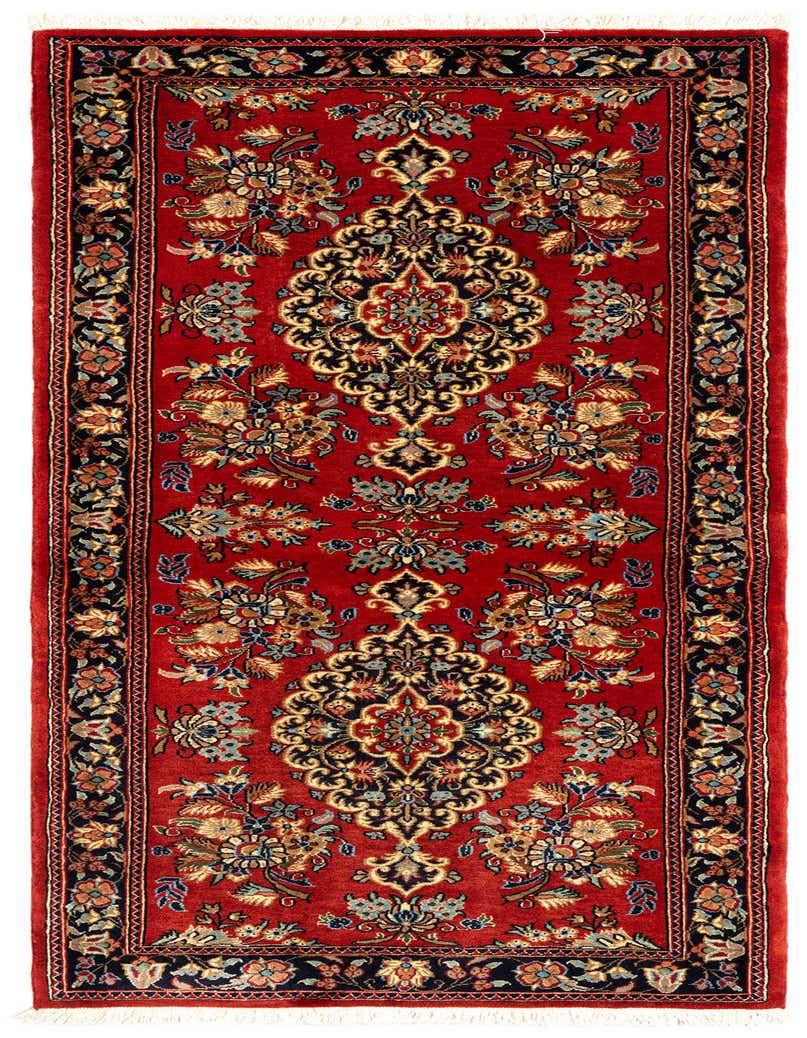 A 6 ft red Persian runner rug with intricate floral and medallion patterns in blue, gold, and black, suitable for a hallway.