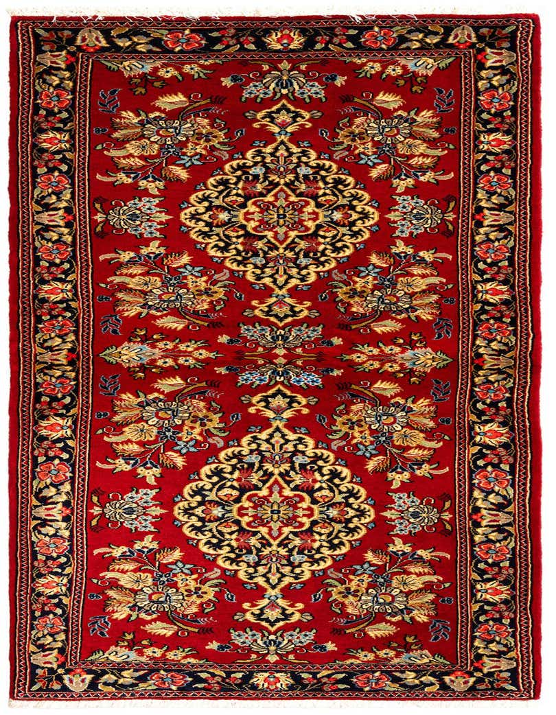 A 6 ft red Persian runner rug with intricate floral and medallion patterns in gold, blue, and black, featuring a dark border.