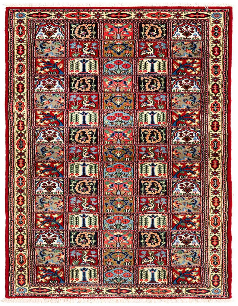 A handmade 6 ft red Persian runner rug with a grid of intricate floral and bird motifs, perfect for a hallway.
