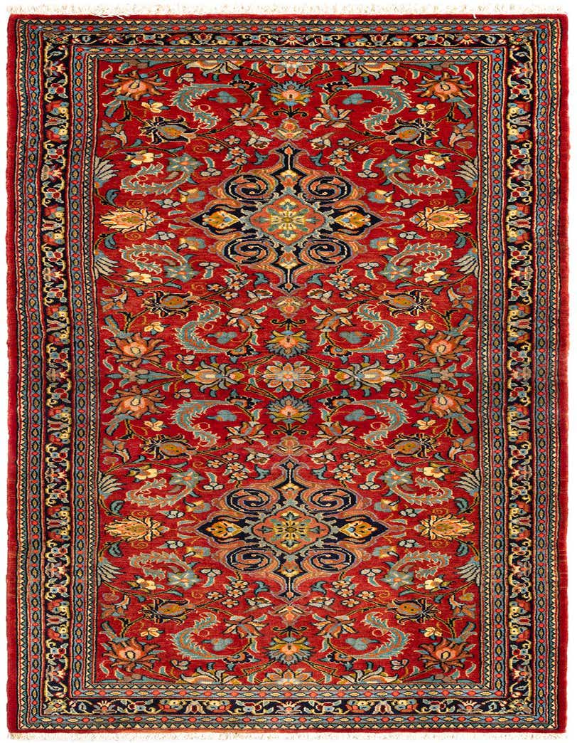 A 6 ft red Persian runner rug with intricate floral and medallion patterns in blue, gold, and black, suitable for a hallway.