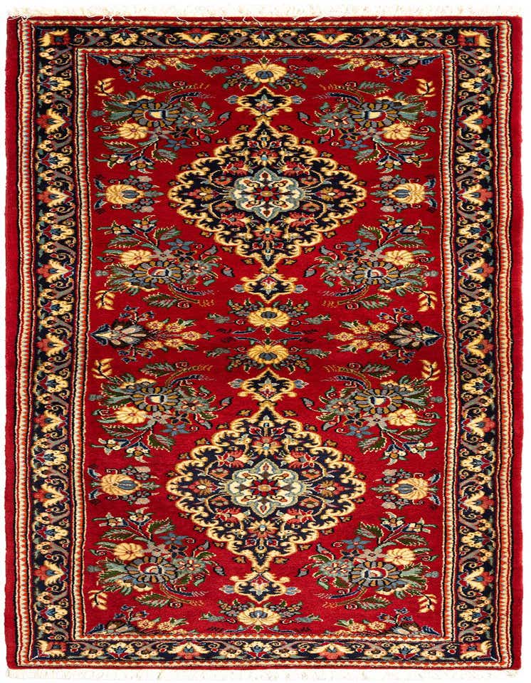 A 6 ft red Persian runner rug with intricate floral and medallion patterns in navy, gold, and light blue.