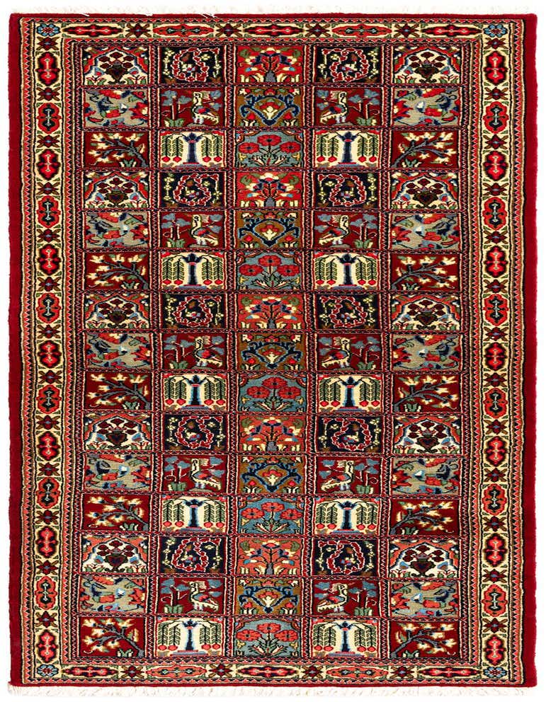 A 6 ft red Persian runner rug with a grid pattern of intricate floral and bird motifs, ideal for a hallway.