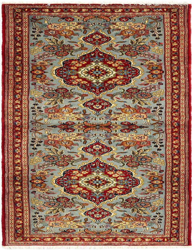 A handmade 7 ft runner rug featuring a detailed Persian floral and medallion pattern in reds, blues, and gold on a light blue background, with a red border.