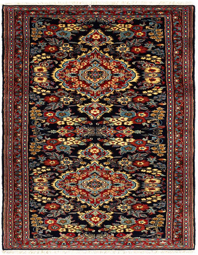 A handmade 7 ft runner rug with a traditional Persian Oriental pattern in deep reds, blues, and gold on a dark background, ideal for a hallway.