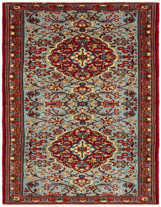 A handmade 8 ft runner rug from the Qom collection, featuring a traditional Persian floral pattern in reds and blues.