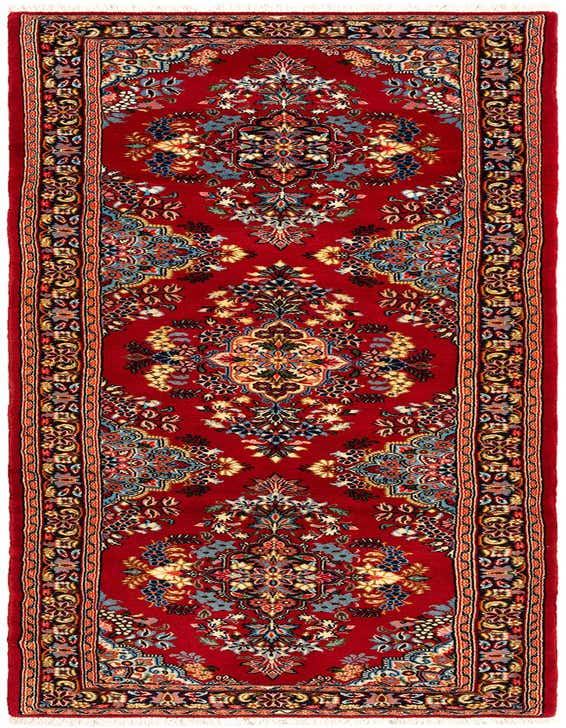 A vibrant 8 ft red Persian runner rug with intricate floral and medallion patterns, perfect for a hallway.