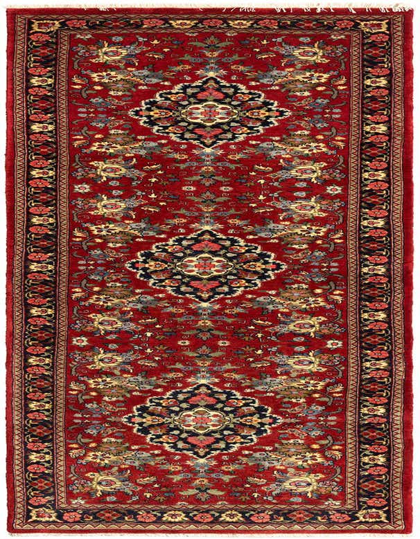 A 7 ft red Persian runner rug with intricate floral and medallion patterns in navy, gold, and pink, ideal for a hallway.