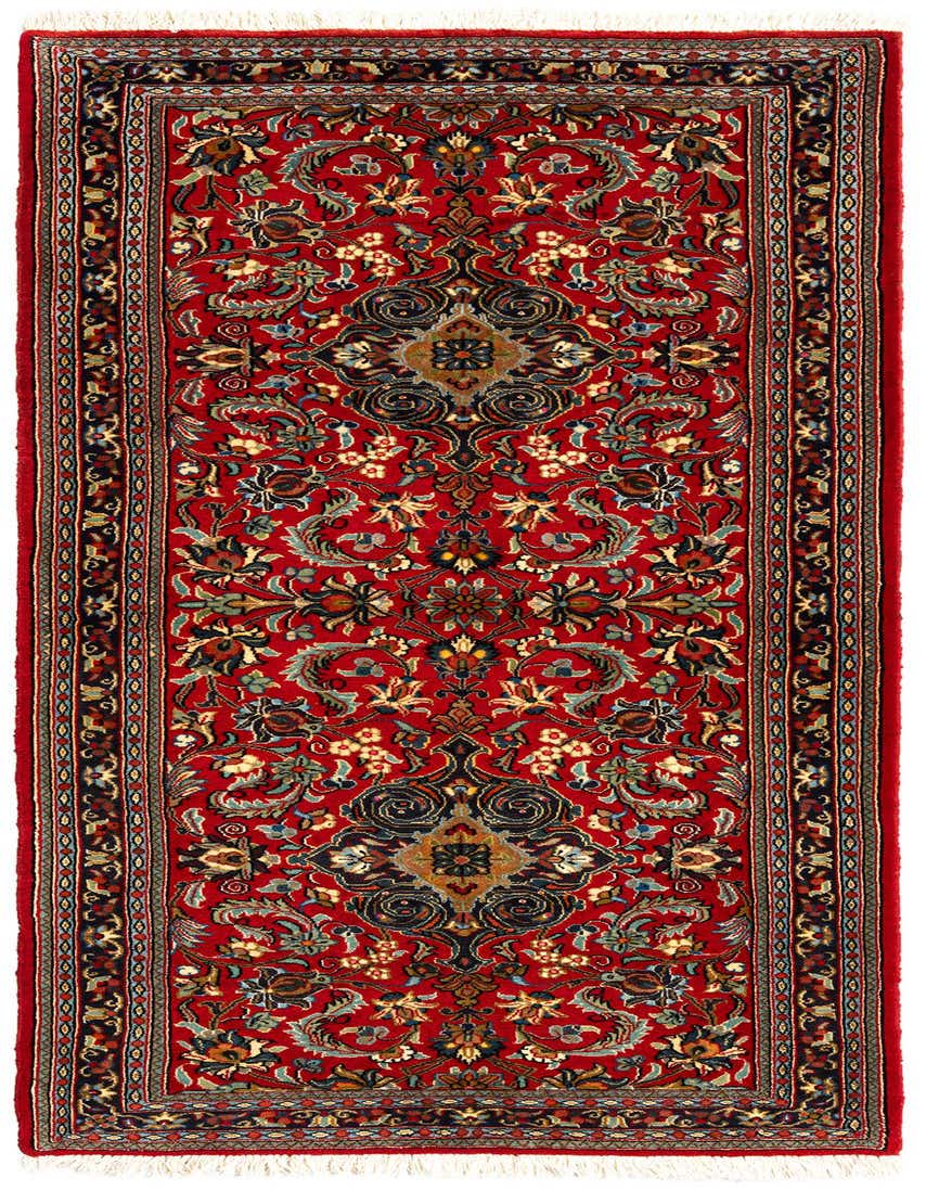 A 6 ft red Persian runner rug with intricate floral and medallion patterns in blue, gold, and green, suitable for a hallway.