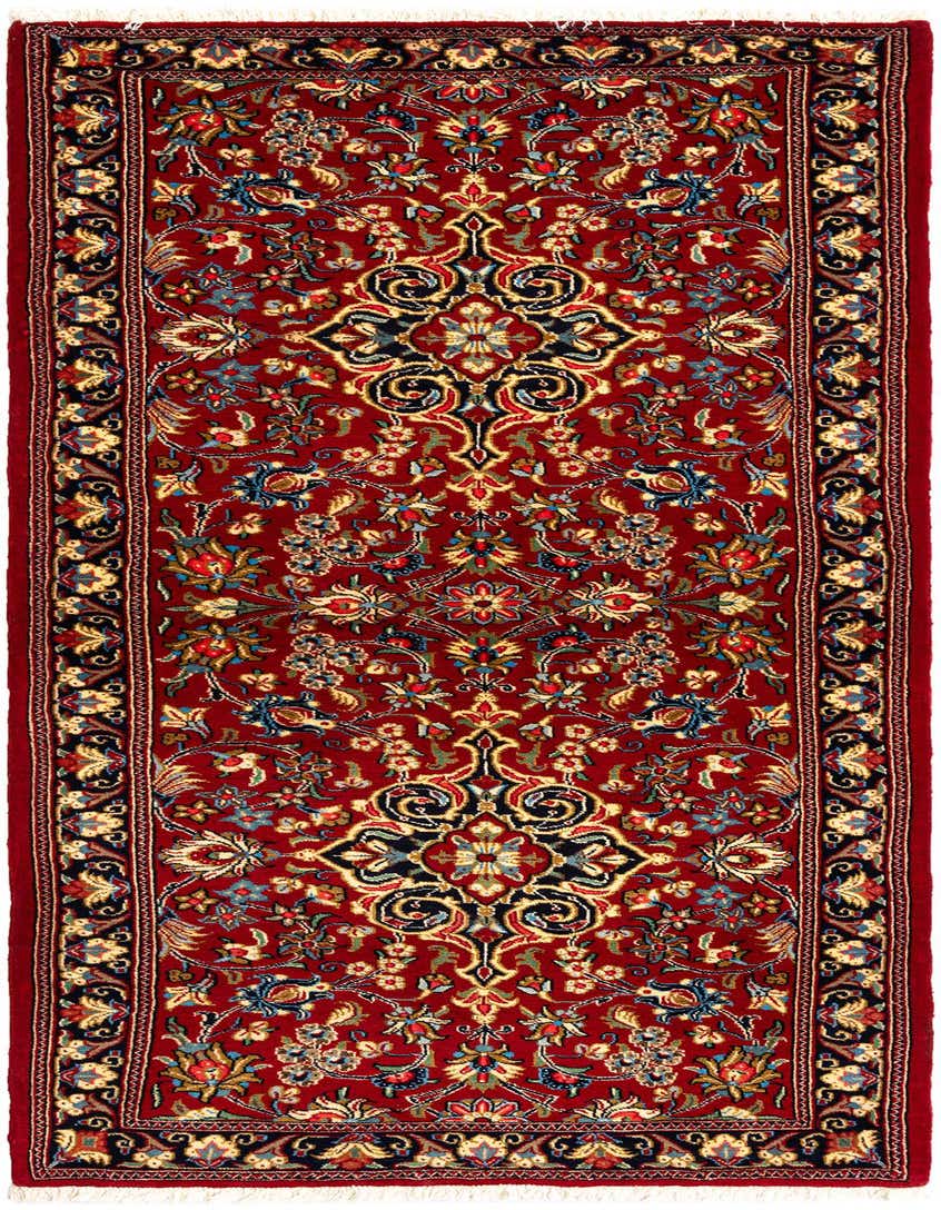 A 6 ft red Persian runner rug with intricate floral and medallion patterns in gold, blue, and black.