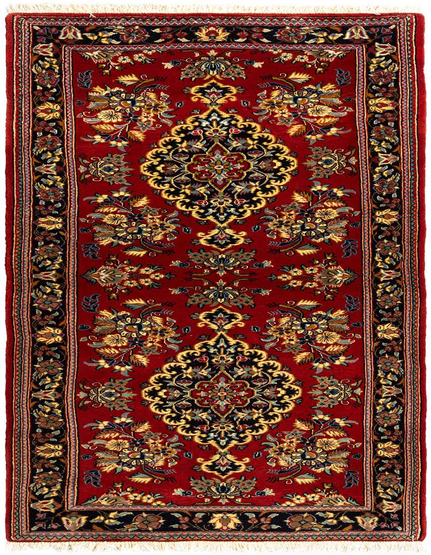 A 6 ft red Persian runner rug with intricate floral and medallion patterns in gold, black, and blue, suitable for a hallway.