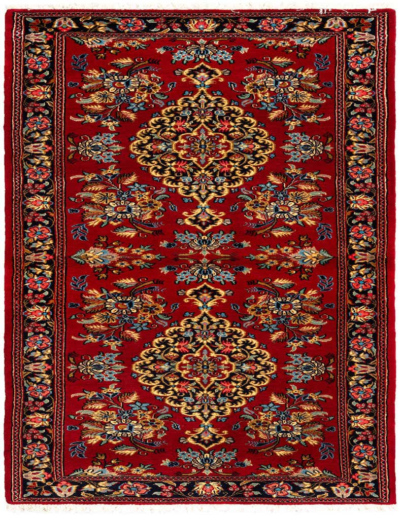 A 6 ft red Persian runner rug with intricate floral and medallion patterns in gold, blue, and black, perfect for a hallway.