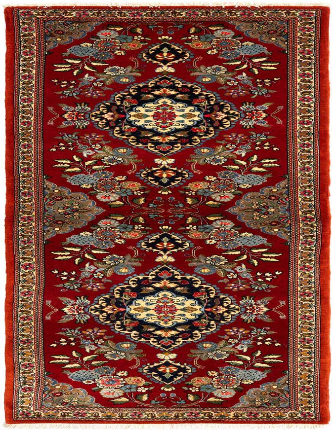 A 7 ft red Persian runner rug with intricate floral and medallion patterns in blue, gold, and green, perfect for a hallway.