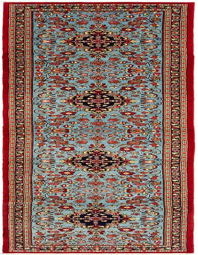 A 13 ft runner rug with a light blue field and intricate red, gold, and navy Persian floral patterns, bordered by a deep red edge, suitable for a hallway.
