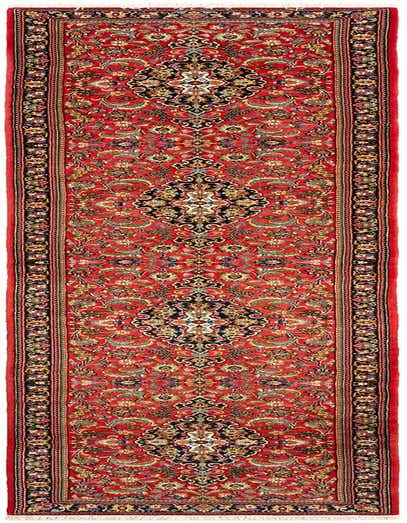 A 13 ft red Persian runner rug with intricate floral and medallion patterns in black, gold, and blue, suitable for a hallway.