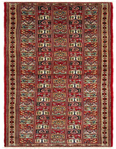 A 13 ft red Persian runner rug with intricate floral and bird motifs in a grid pattern, ideal for a hallway.