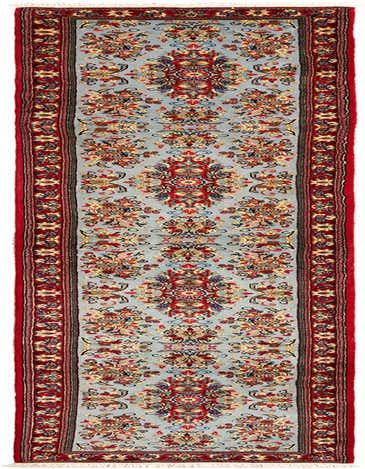A 14 ft handmade Persian runner rug with a light blue field, vibrant red border, and intricate floral patterns.