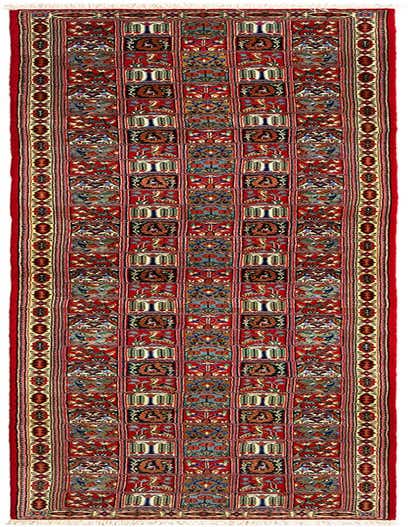 A 13 ft red Persian runner rug with a detailed grid pattern of colorful floral and bird motifs, perfect for a hallway.