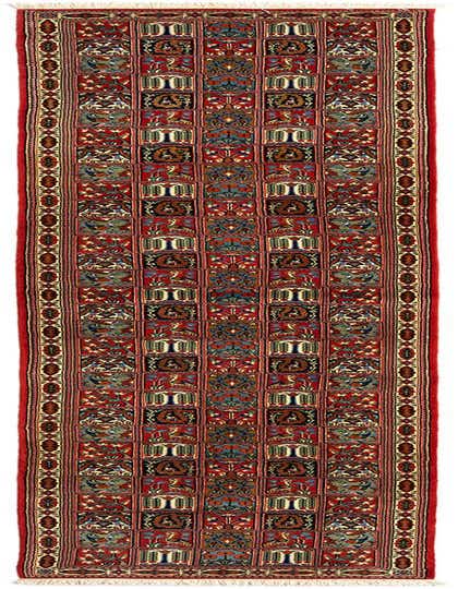 A 13 ft red Persian runner rug with a grid pattern of intricate floral and bird motifs, ideal for a hallway.