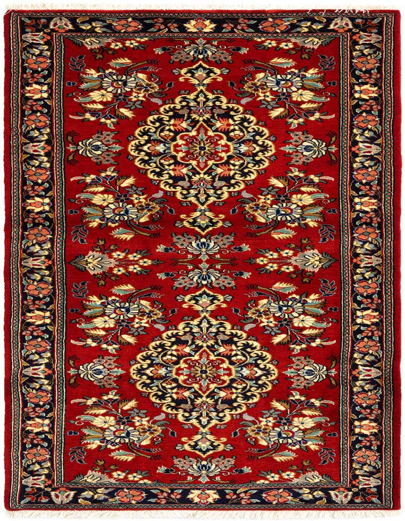 A 6 ft red Persian runner rug with intricate floral and medallion patterns in navy, gold, and light blue.