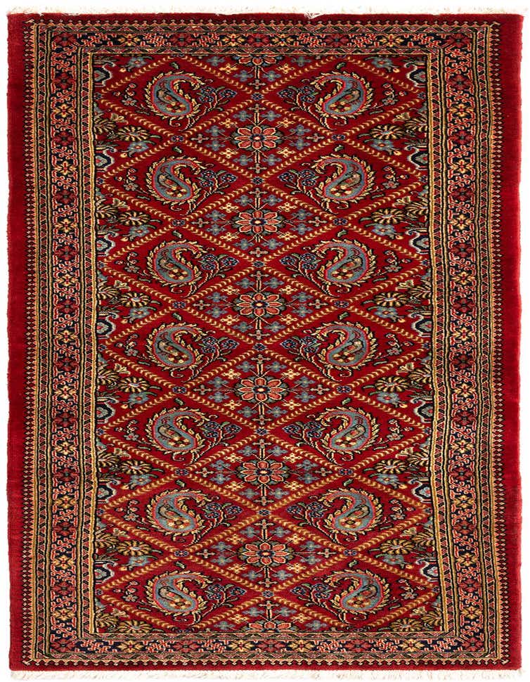 A 6 ft red wool runner rug with a traditional Persian pattern, featuring intricate floral and paisley motifs.