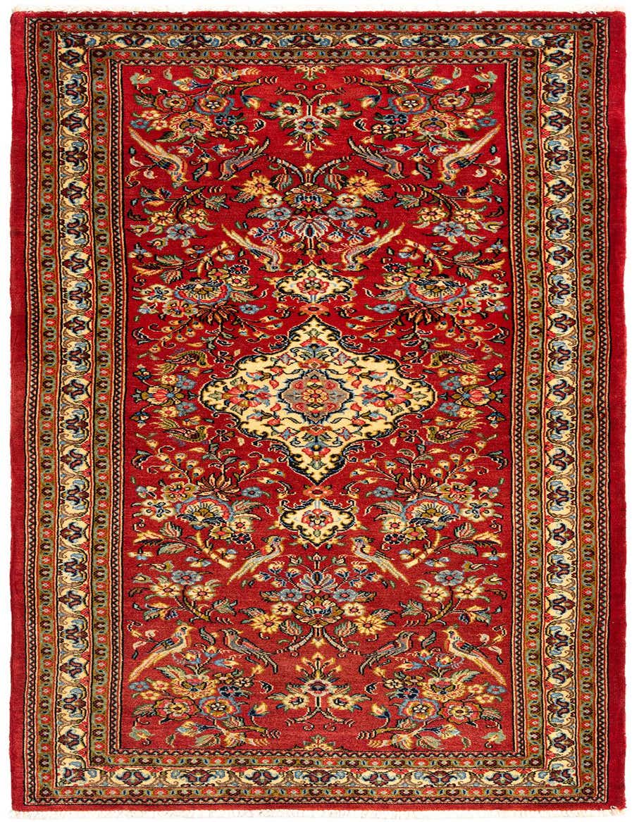 A 6 ft red Persian runner rug with an intricate floral and bird pattern, featuring a central cream medallion and multi-colored border.